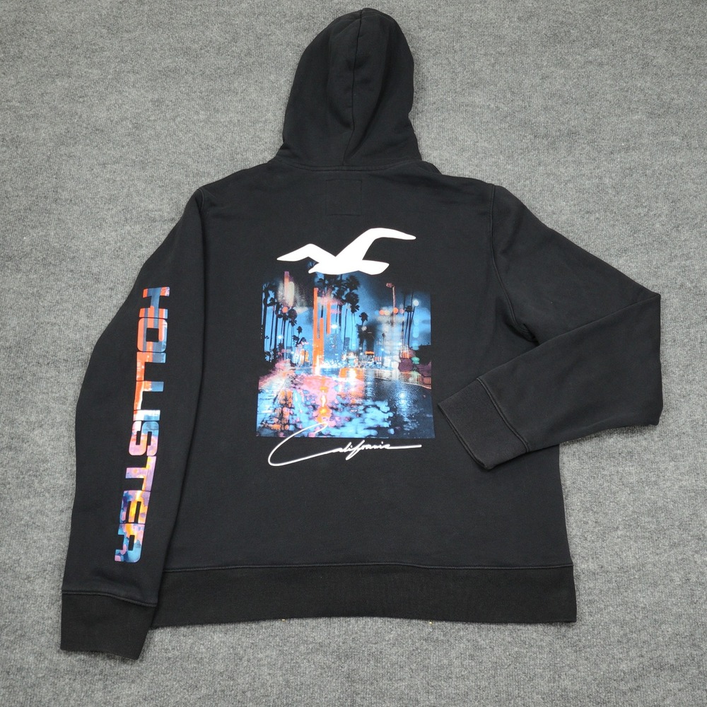 Hollister Hoodie Mens XXL Black California Graphic Back Zippered Pocket Pullover
